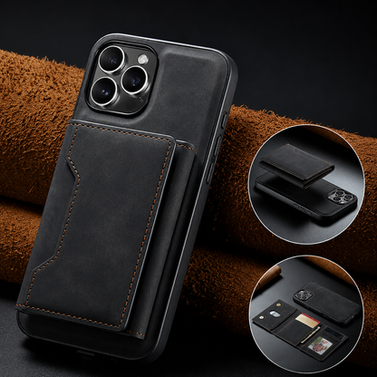 Black wallet case leans against rolled brown material. Circular insets show the wallet detached above the phone and unfolded with cards and a portrait ID.