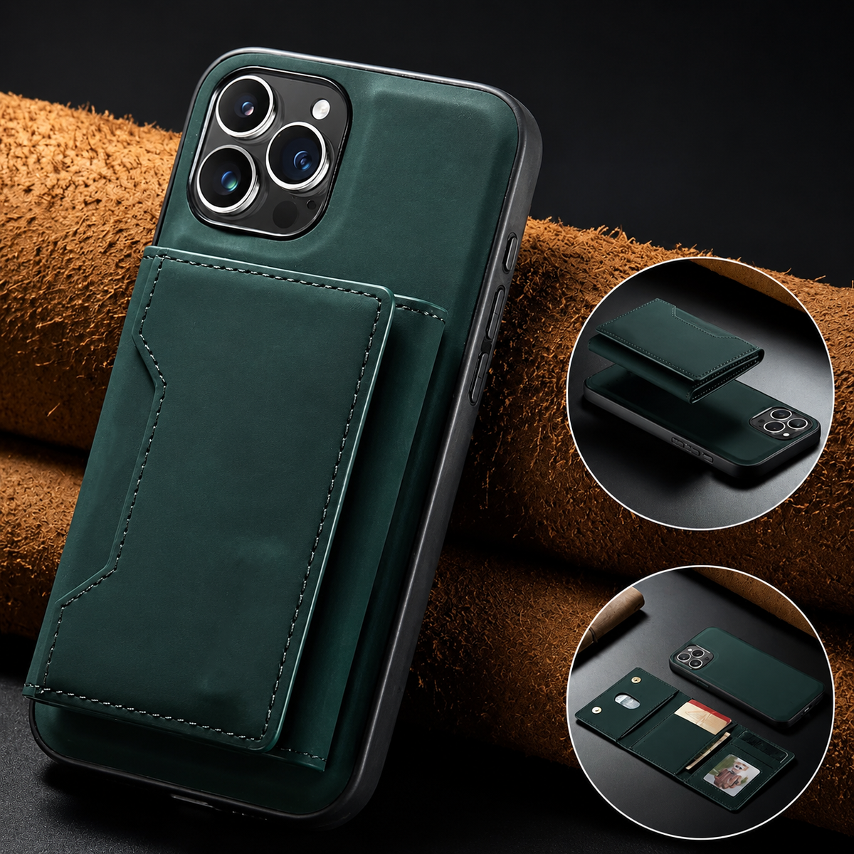 Teal wallet case leans against rolled brown material. Circular insets show the wallet detached above the phone and unfolded with cards and a portrait ID.