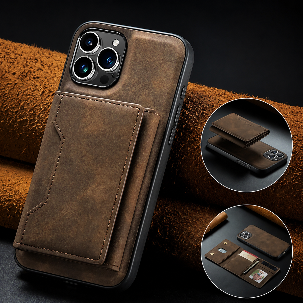 Brown wallet case leans against rolled brown material. Circular insets show the wallet detached above the phone and unfolded with cards and a portrait ID.
