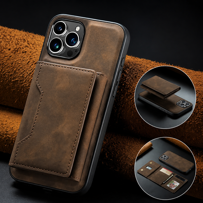 Brown wallet case leans against rolled brown material. Circular insets show the wallet detached above the phone and unfolded with cards and a portrait ID.