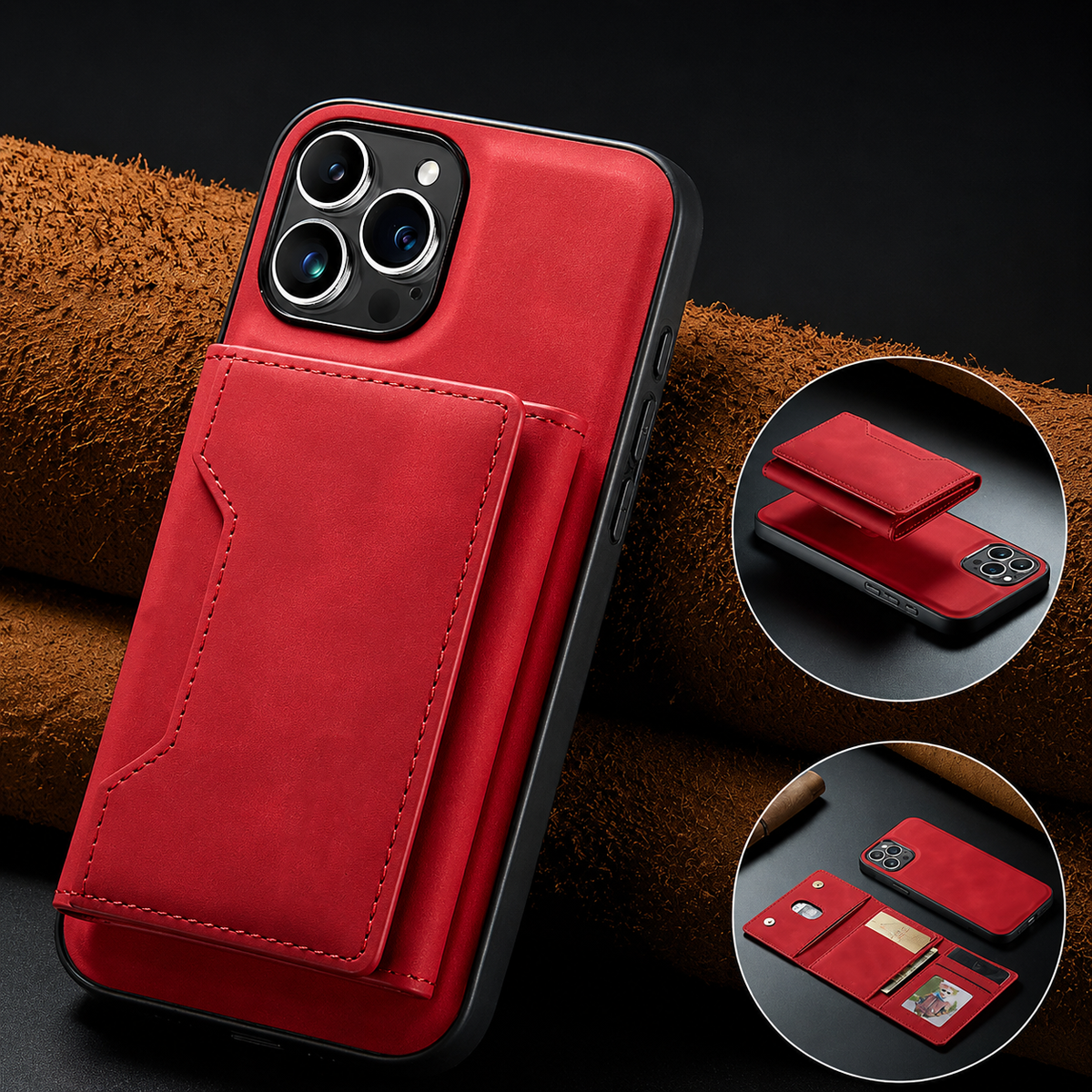 Red wallet case leans against rolled brown material. Circular insets show the wallet detached above the phone and unfolded with cards and a portrait ID.