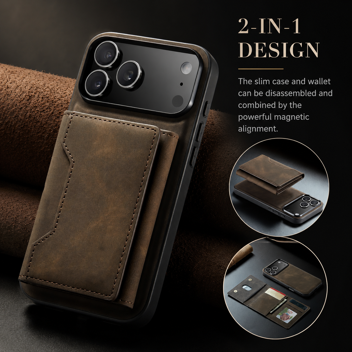 Brown rear-wallet case beside two insets showing its detachable wallet floating above the phone and unfolded with cards. Text describes a magnetically attached two-piece design.