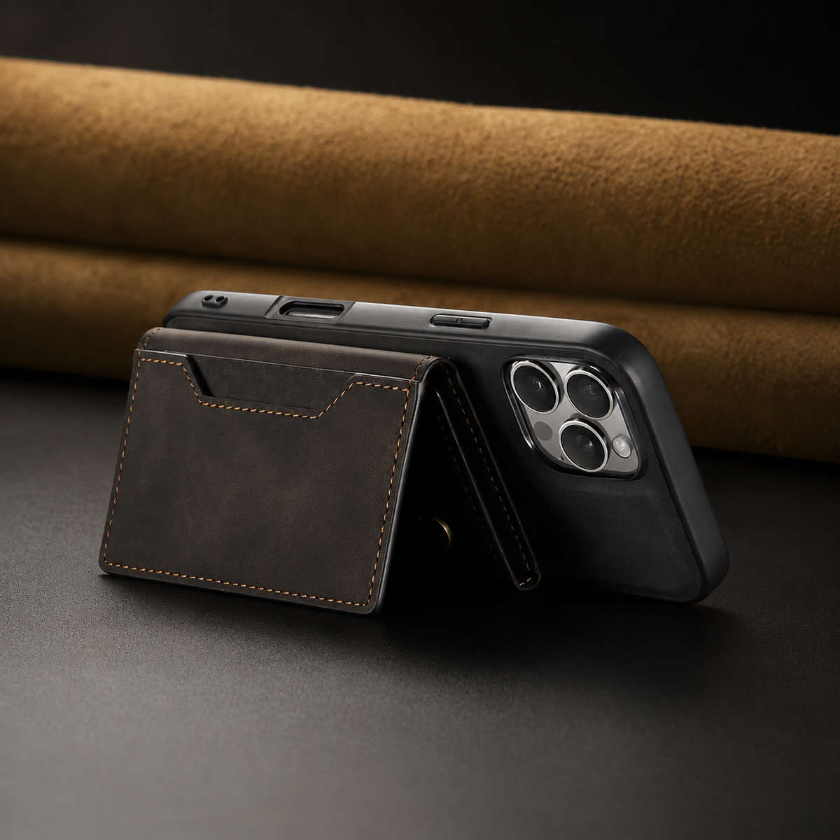 Black-cased phone stands horizontally with its rear wallet folded into a triangular support on a dark tabletop. Rolled tan material lies behind it.