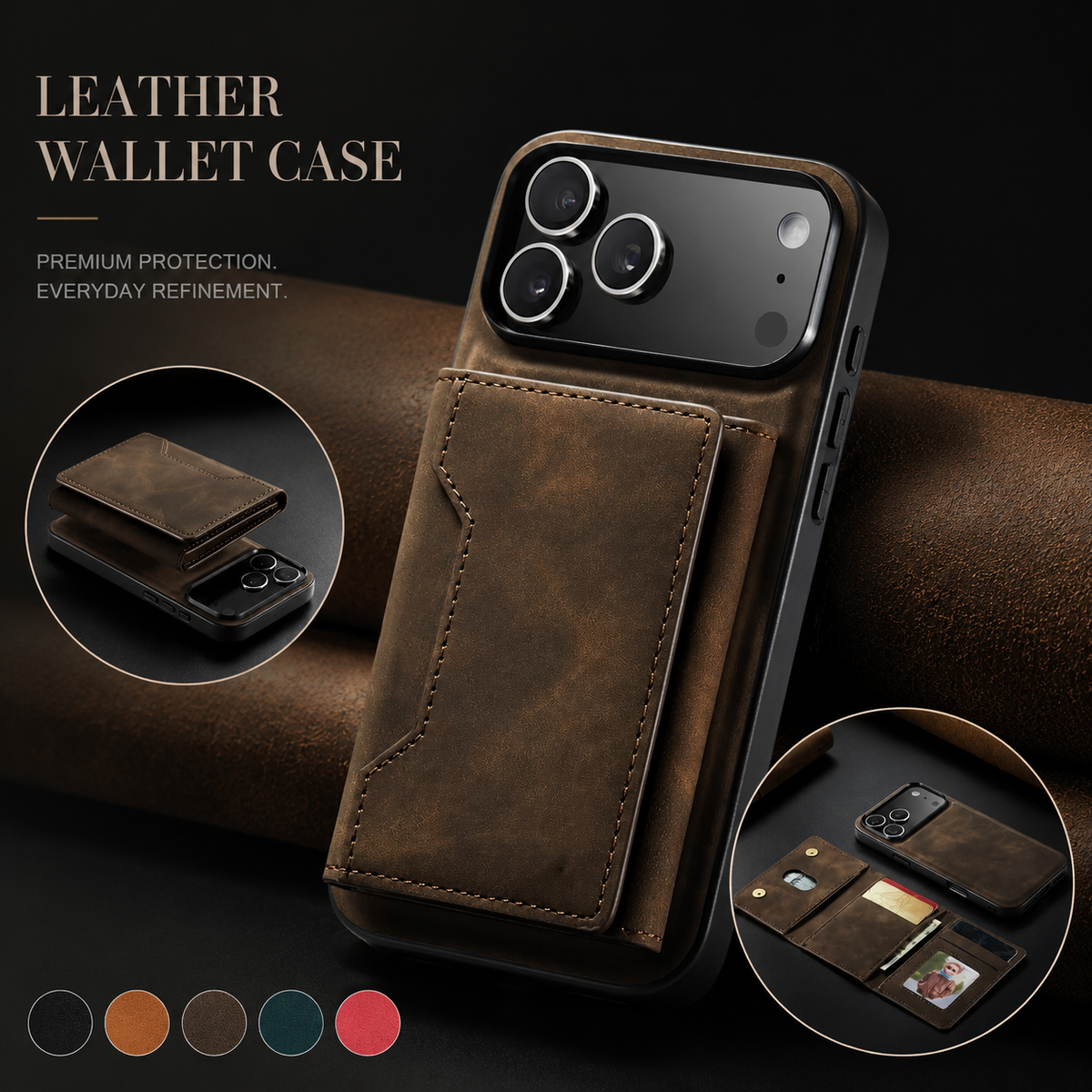 Brown wallet case beside insets showing the detached wallet and unfolded card storage. Five color swatches appear beneath text advertising a leather wallet case.