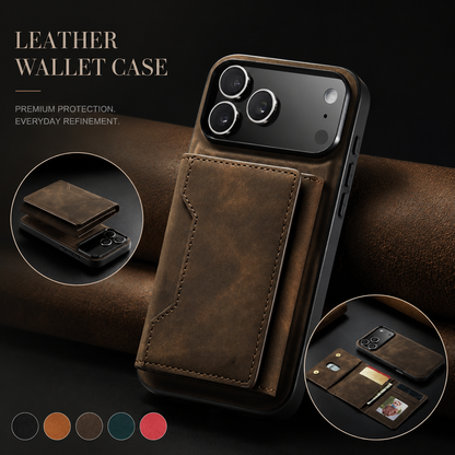 Brown wallet case beside insets showing the detached wallet and unfolded card storage. Five color swatches appear beneath text advertising a leather wallet case.