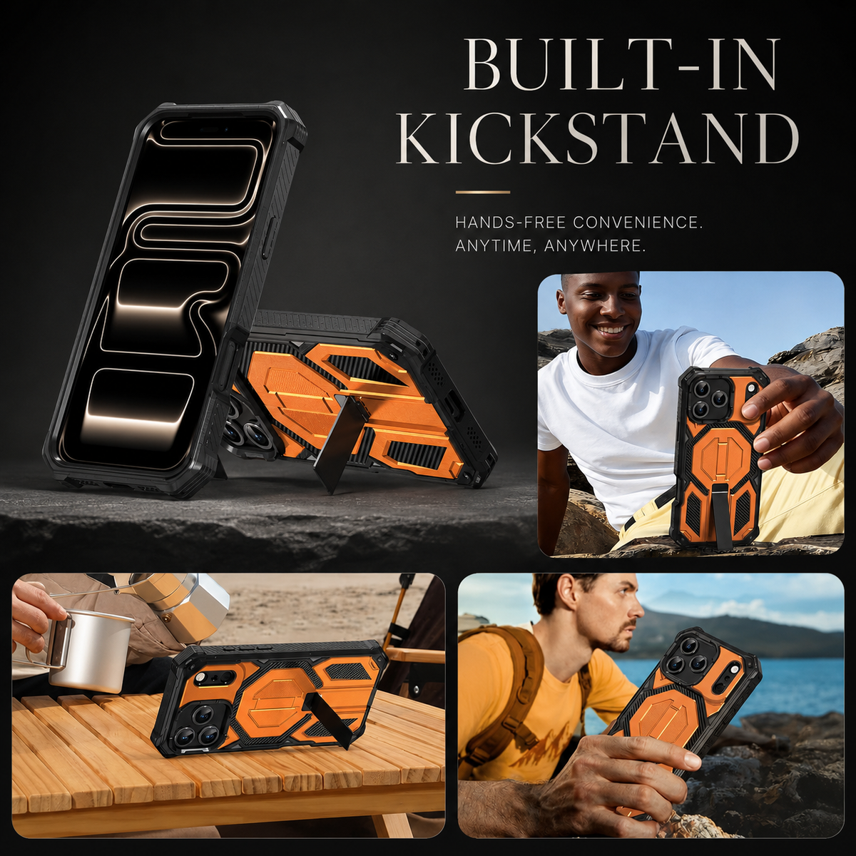 Orange rugged case shown standing upright and horizontally on its folding stand, beside lifestyle photos of people holding and using the phone outdoors.