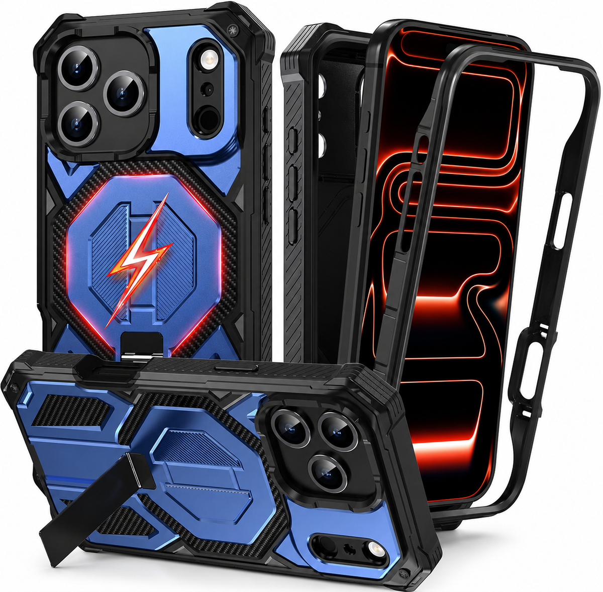 Blue and black rugged case in rear, front and horizontal stand views, with a separate frame and a lightning graphic over its octagonal back panel.