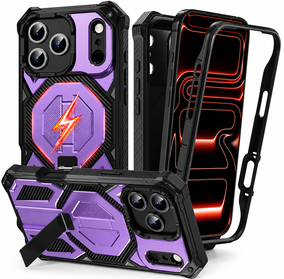 Purple and black rugged case in front, rear and horizontal stand views, with a separate frame and lightning graphic over its octagonal back panel.