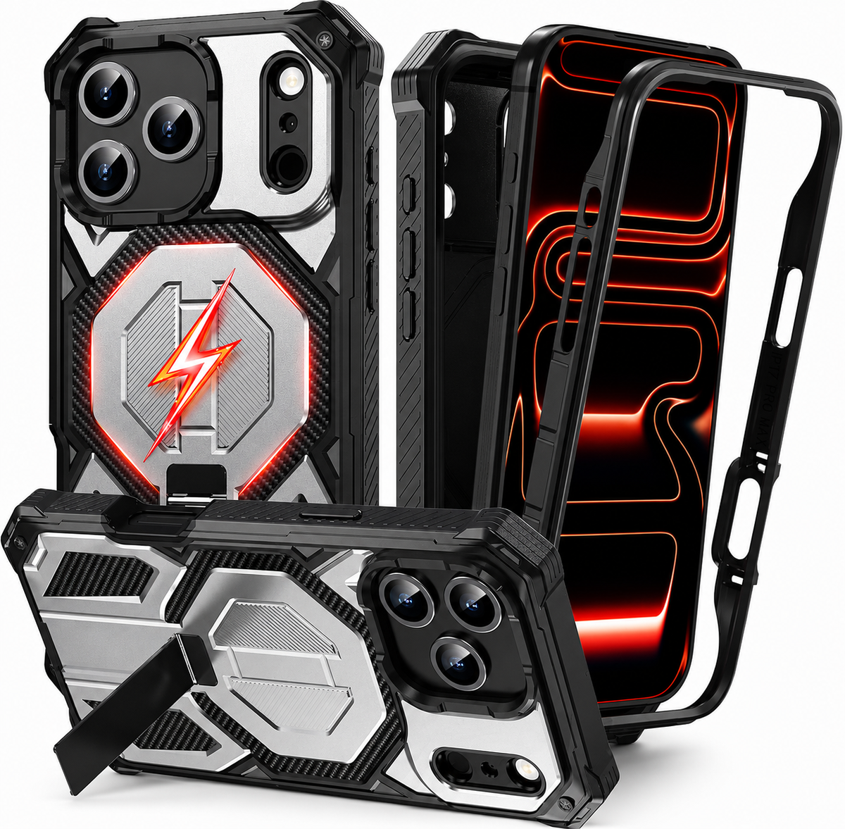 Silver and black rugged case shown from front and rear and supported horizontally by a folding stand, with a separate frame and lightning graphic.