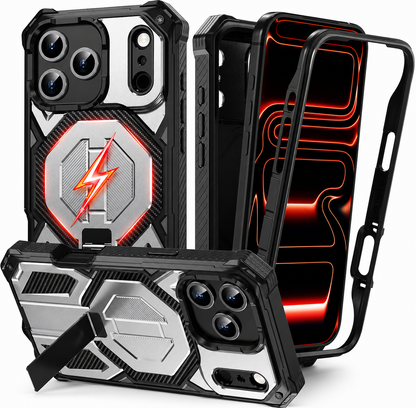 Silver and black rugged case shown from front and rear and supported horizontally by a folding stand, with a separate frame and lightning graphic.