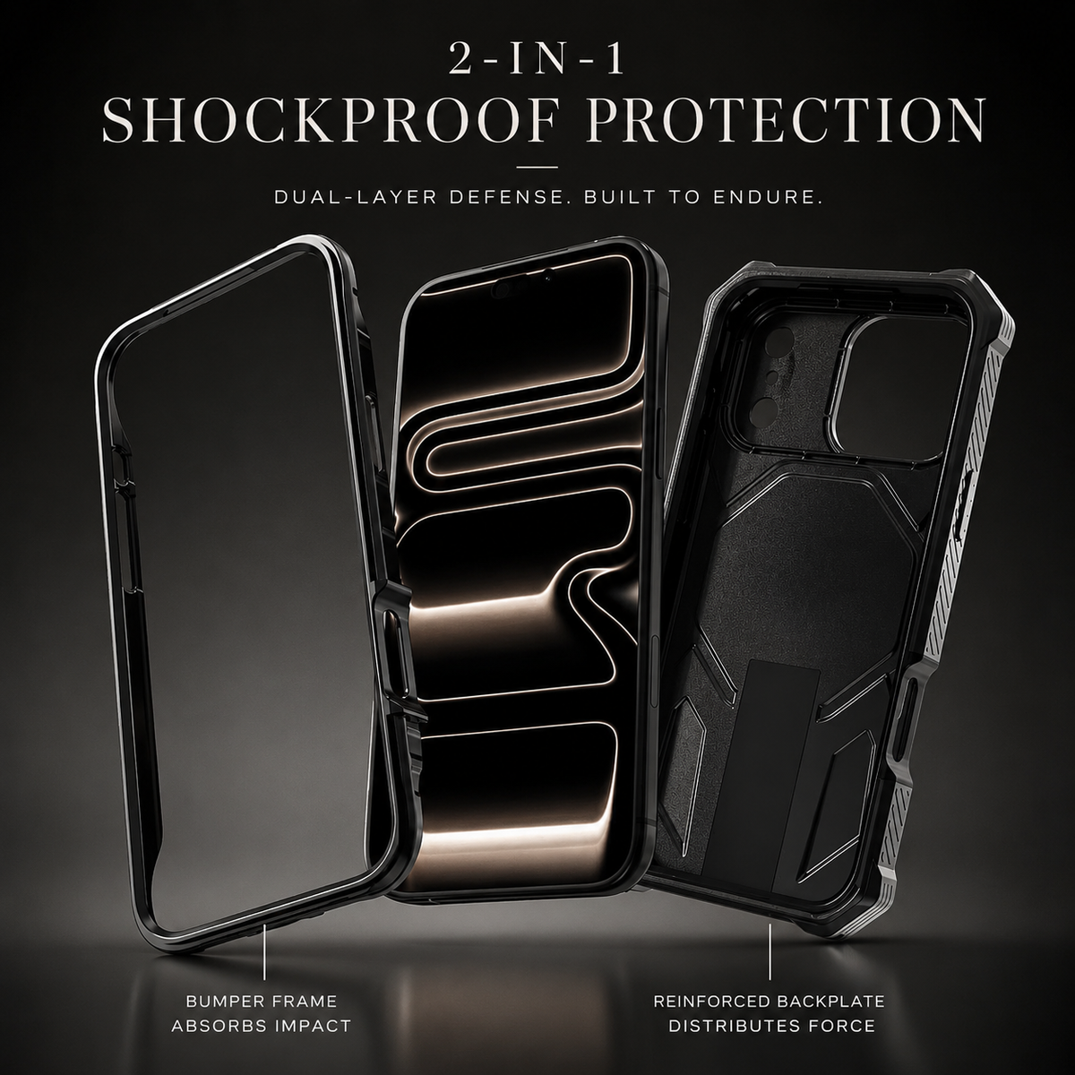 Exploded view of a black rugged case separates the front bumper, phone and reinforced back shell. Text advertises dual-layer shock protection.