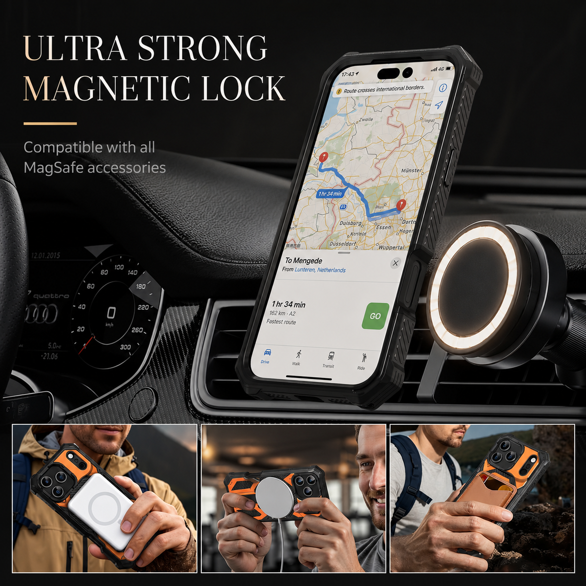 A phone displaying navigation beside a round car mount, with lower photos showing an orange case with magnetic accessories. Text advertises MagSafe compatibility.