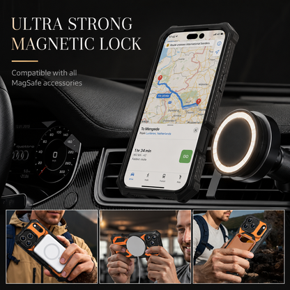 A phone displaying navigation beside a round car mount, with lower photos showing an orange case with magnetic accessories. Text advertises MagSafe compatibility.