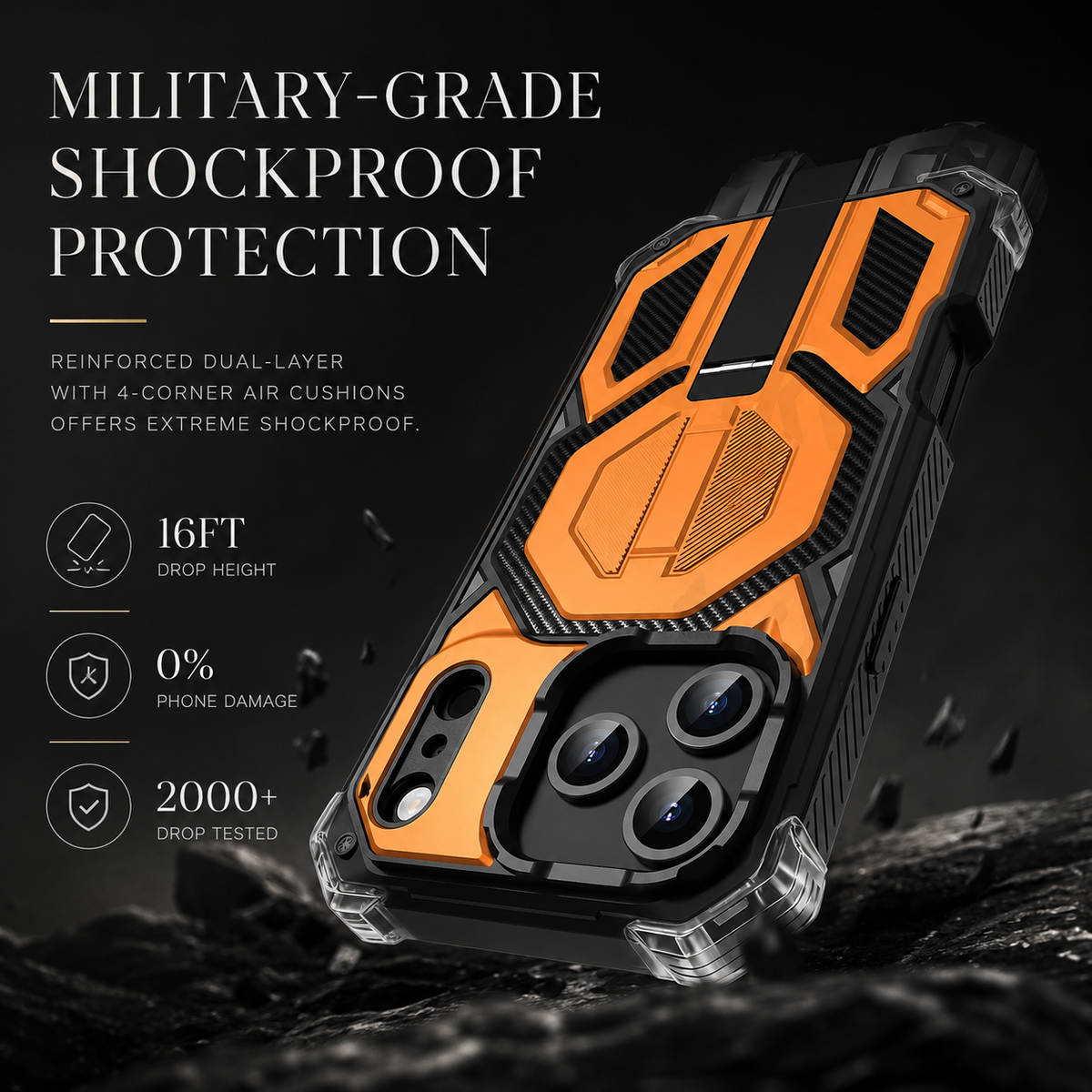 Orange rugged case illustrated striking rocks. Text advertises military-grade protection, a 16-foot drop height and more than 2,000 drop tests.
