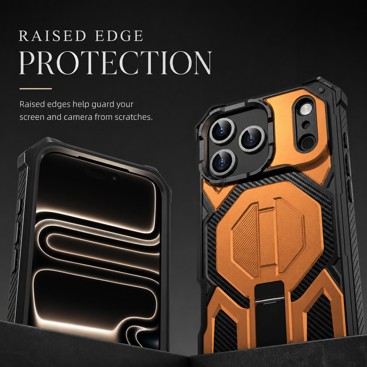 Front and rear close-ups of an orange rugged case show raised screen and camera borders. Text advertises protection from scratches.