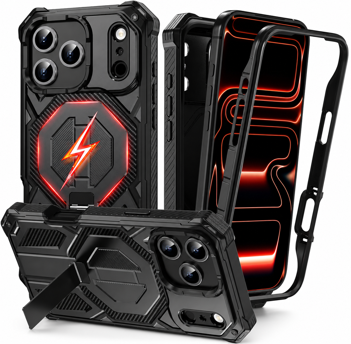 Black rugged phone case shown from rear, front and horizontally on its folding stand, beside a separate front frame. A glowing lightning graphic overlays its octagonal back panel.