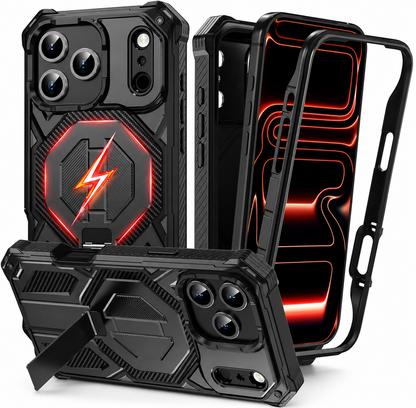 Black rugged phone case shown from rear, front and horizontally on its folding stand, beside a separate front frame. A glowing lightning graphic overlays its octagonal back panel.