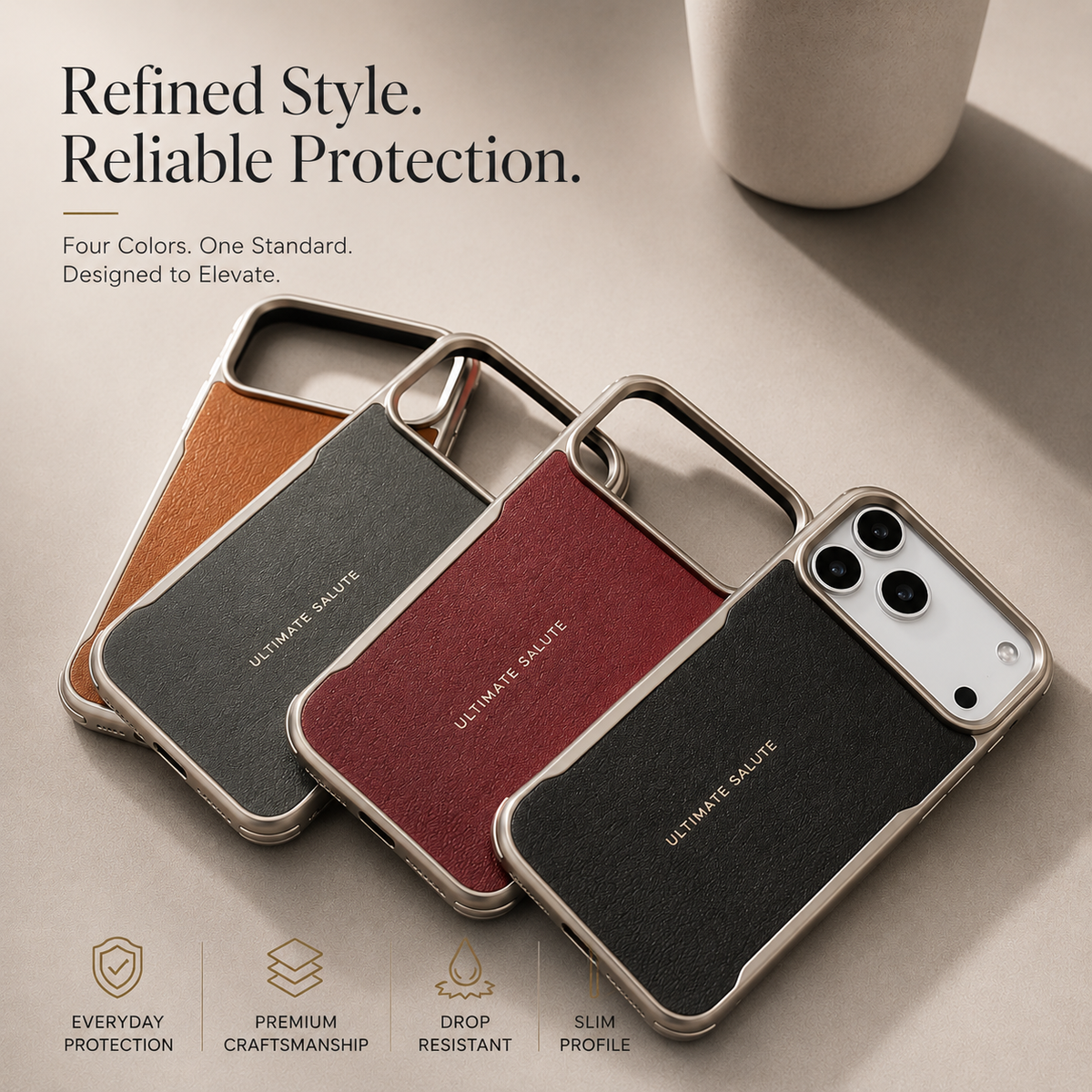 Four overlapping textured phone cases in orange, gray, burgundy and black lie on a pale surface beside a cup, with reflective metallic borders.