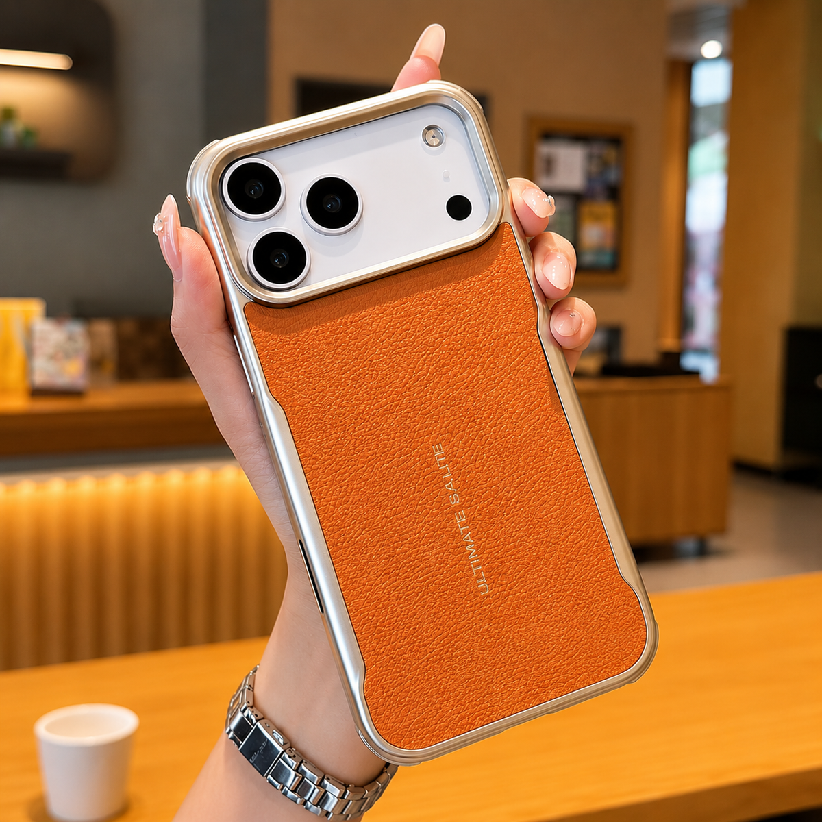 A hand holds an orange leather-look phone case with reflective edging and small gold lettering above a café counter.