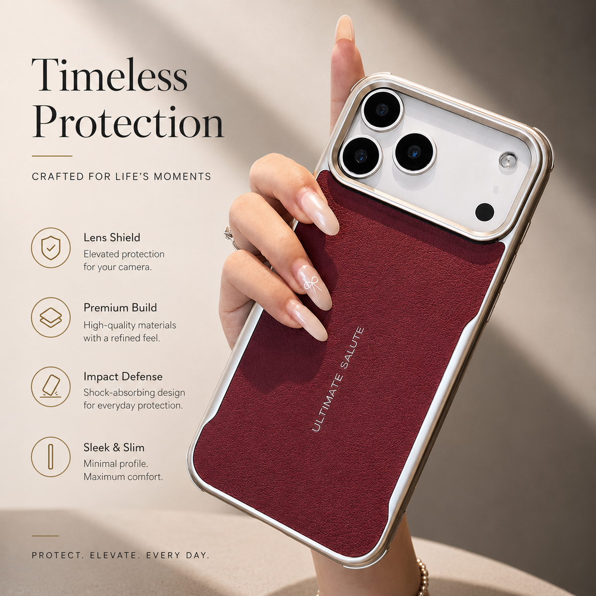 A hand holds a burgundy textured phone case with reflective edging and small lettering. Icons advertise lens protection, impact resistance and a slim profile.