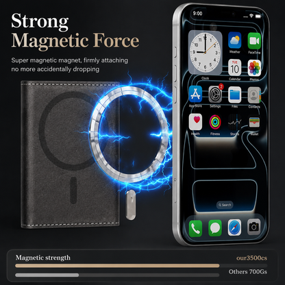 A black wallet attachment and phone are separated by a glowing magnetic-ring graphic, with a comparison bar advertising magnetic strength.