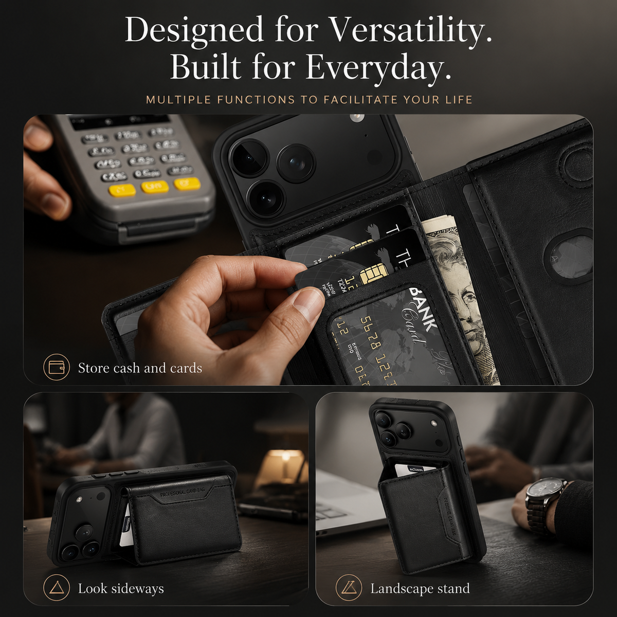 A collage shows a card removed near a payment terminal and the wallet used to support the phone in horizontal and upright positions.