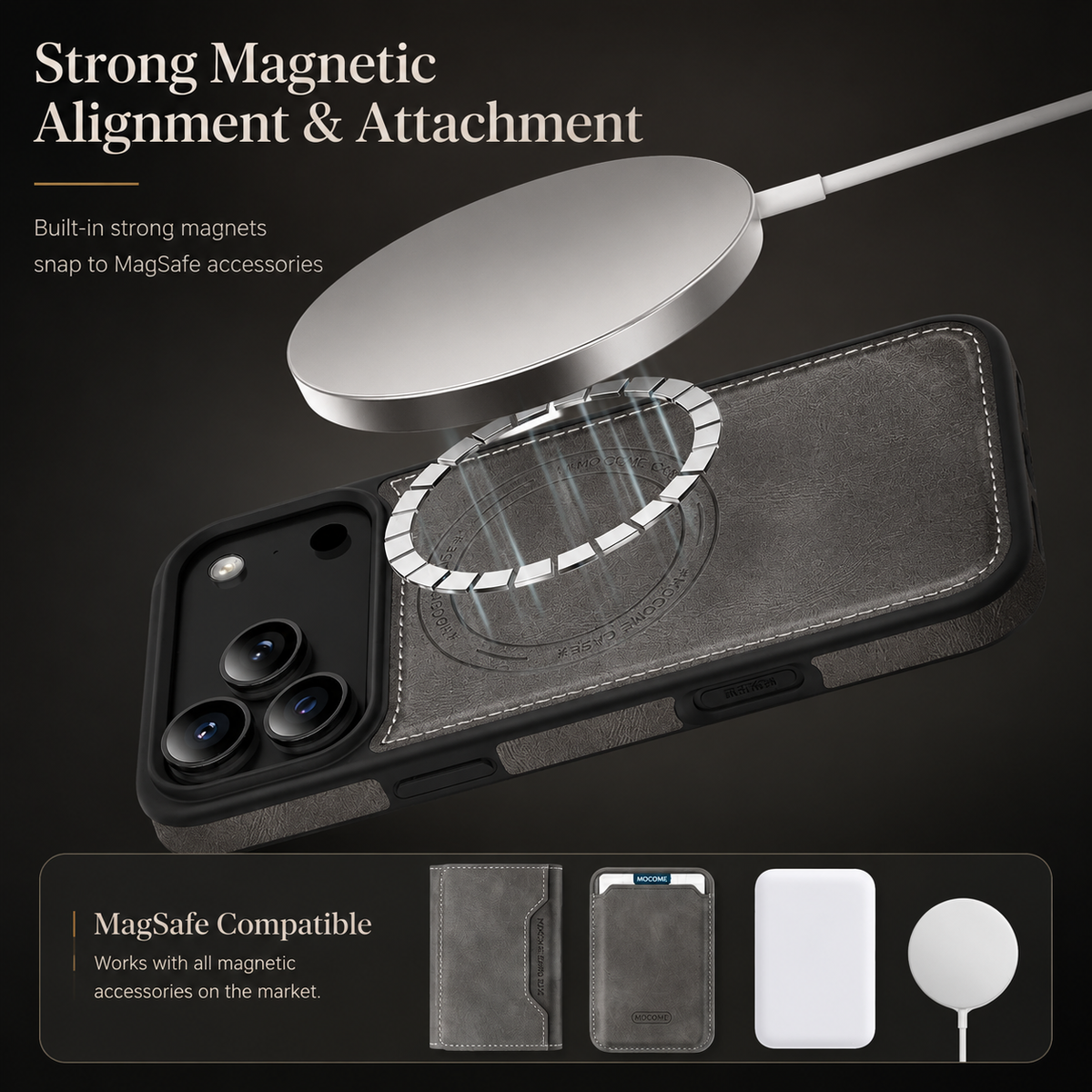 A white charging puck floats above a segmented magnetic ring on a black case, with smaller accessory examples below.