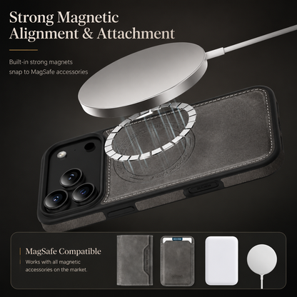 A white charging puck floats above a segmented magnetic ring on a black case, with smaller accessory examples below.