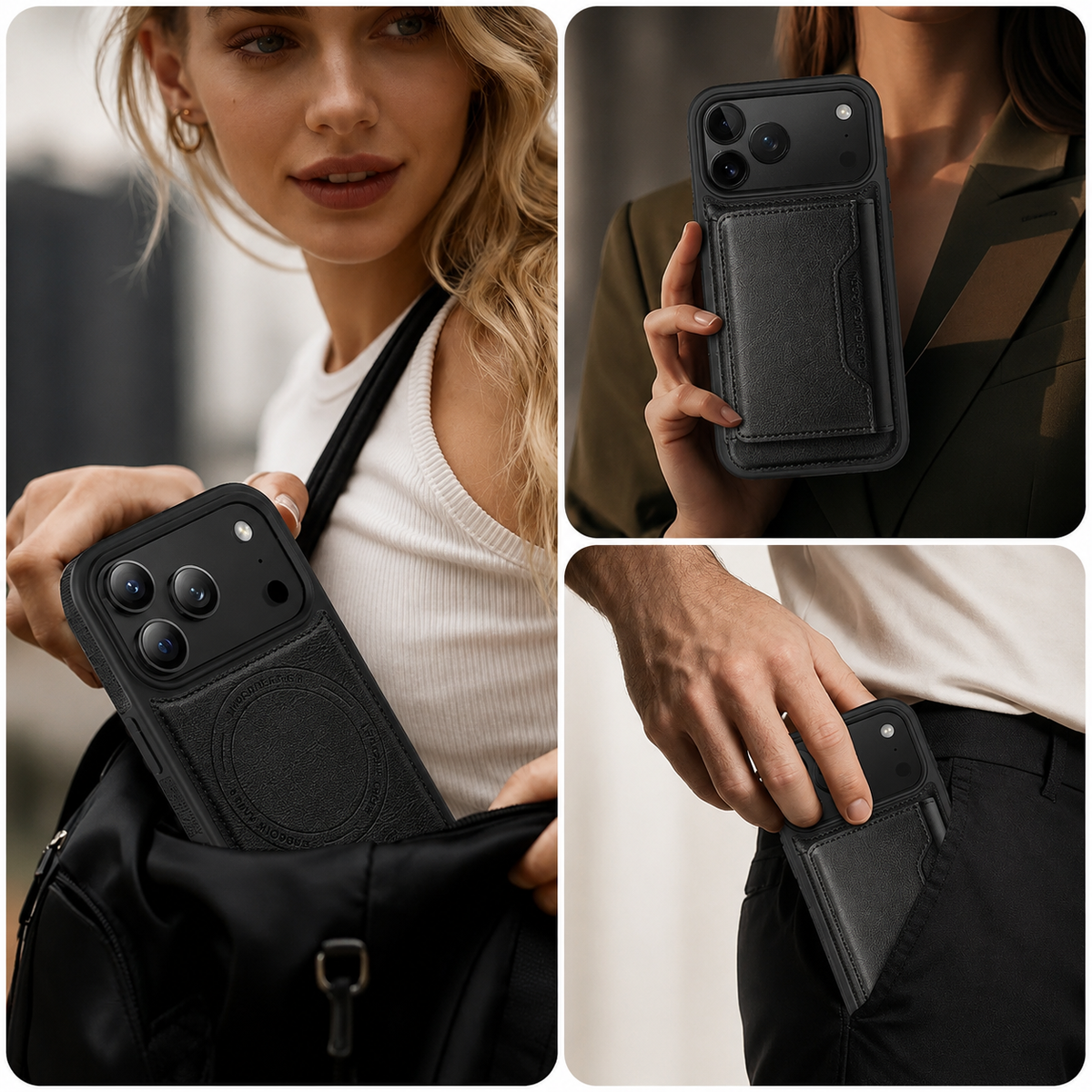 A three-photo collage shows a black phone case with a stitched rear wallet. At left, a woman places it into an open black bag. Upper right, she holds its back toward the viewer, showing the rectangular wallet flap below the cameras. Lower right, a hand slides the case into a dark clothing pocket.