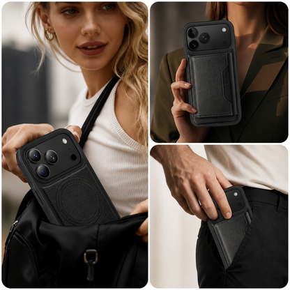 A three-photo collage shows a black phone case with a stitched rear wallet. At left, a woman places it into an open black bag. Upper right, she holds its back toward the viewer, showing the rectangular wallet flap below the cameras. Lower right, a hand slides the case into a dark clothing pocket.