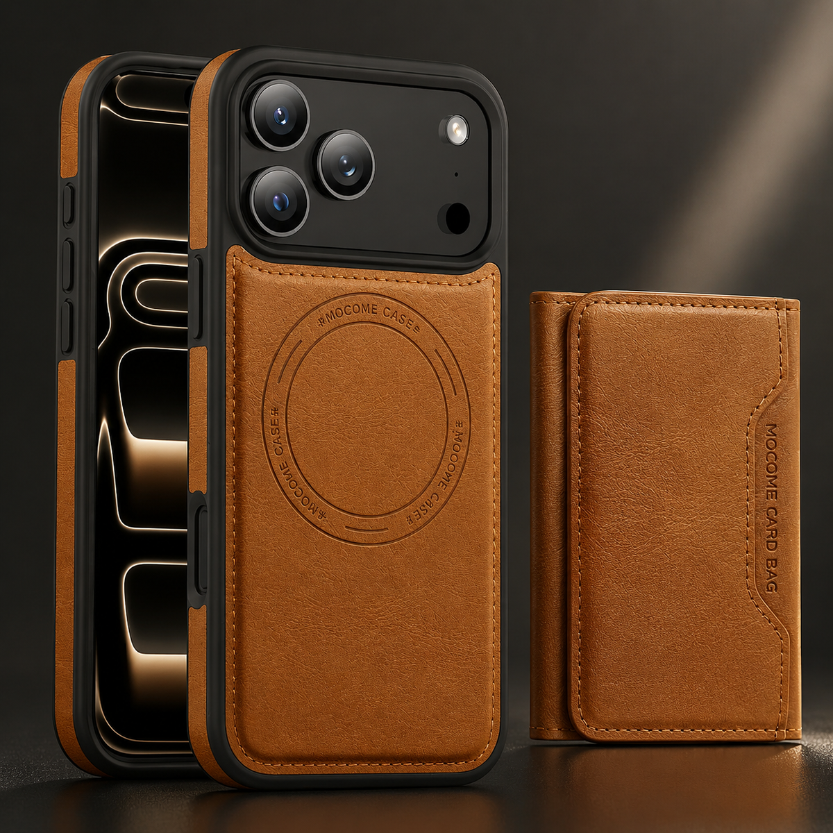 An orange case stands beside its detached wallet attachment, showing a circular magnetic marking on the case back.