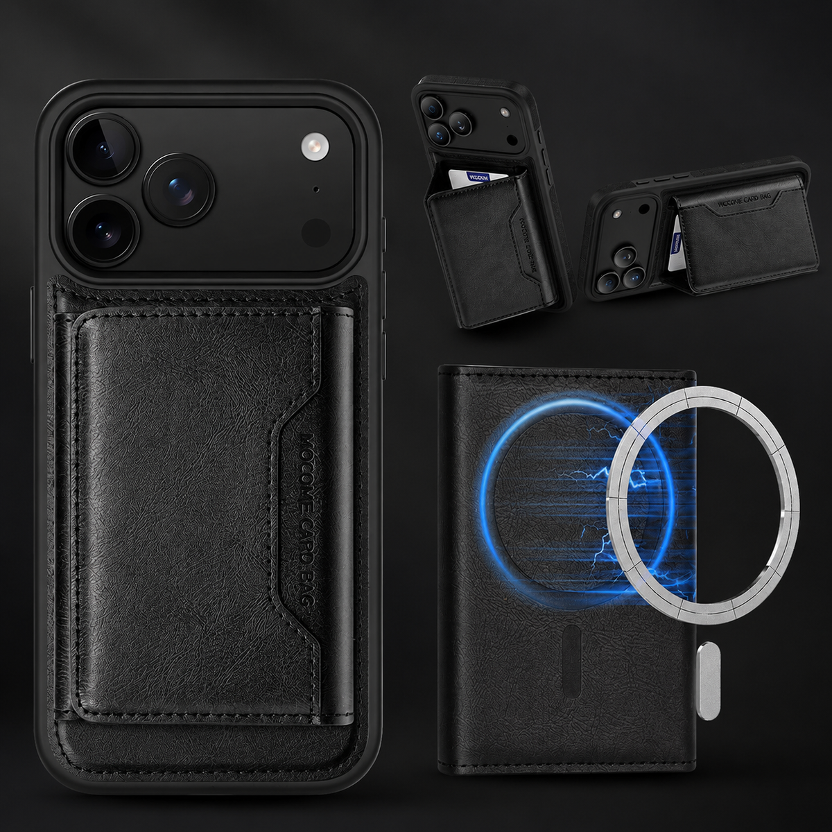 A black wallet case is shown beside smaller open-stand views and a glowing magnetic-ring illustration against dark gray.