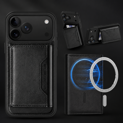 A black wallet case is shown beside smaller open-stand views and a glowing magnetic-ring illustration against dark gray.