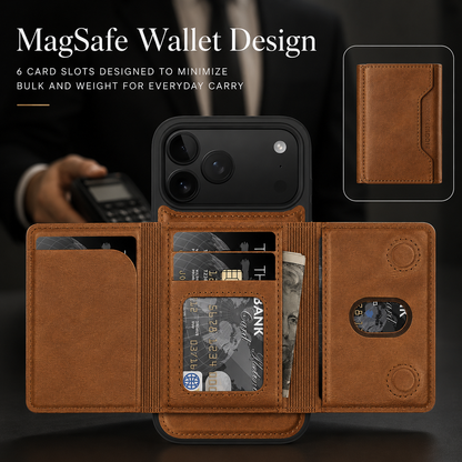 An orange wallet attachment opens into three panels, displaying cards and cash. Text advertises six card slots beneath MagSafe Wallet Design.