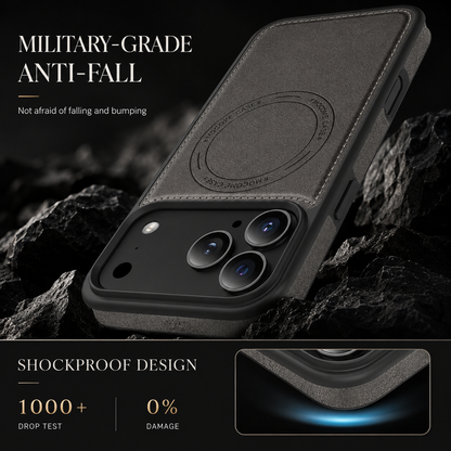 A black case without the wallet attached is illustrated hitting rough rock. An inset shows corner cushioning beside drop-testing claims.