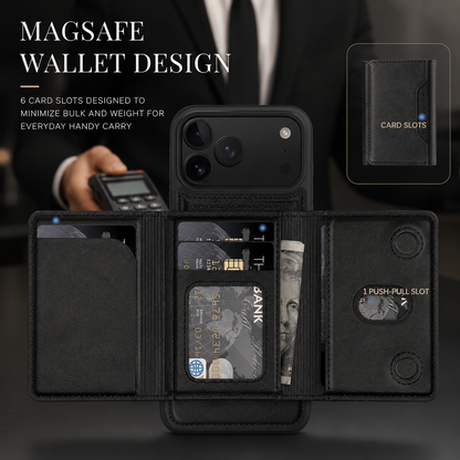 A black wallet case opens into three panels with cards, cash and a push-pull opening visible beneath MagSafe Wallet Design.