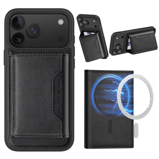 A black case has a stitched rear wallet attachment. Smaller views show the wallet open as a stand and a glowing magnetic-ring illustration.