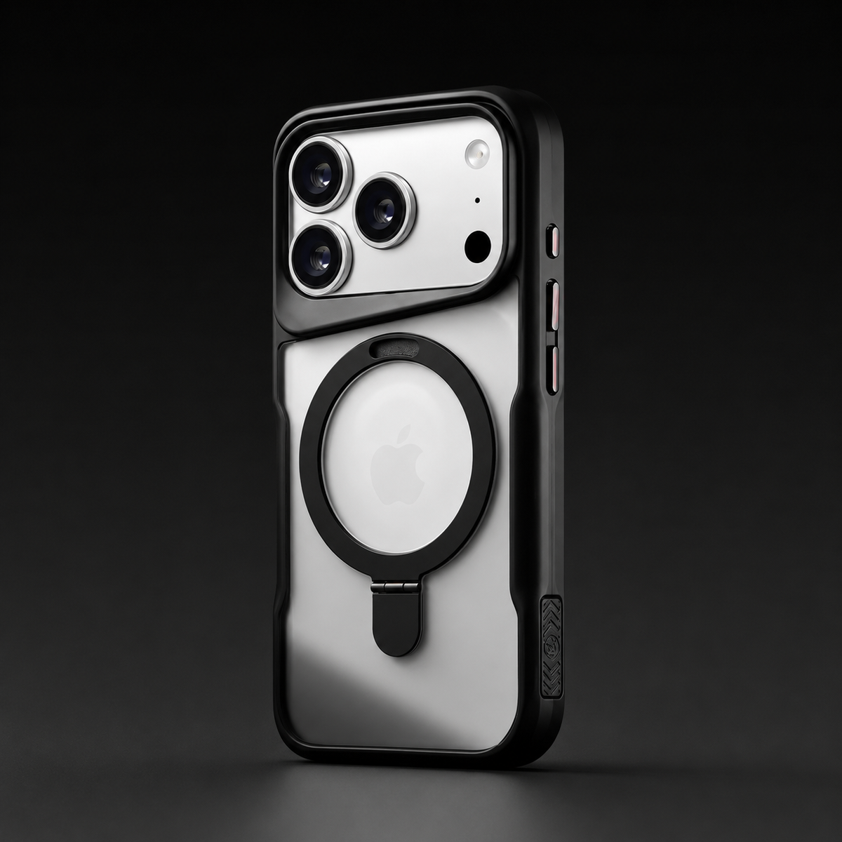 Black-framed translucent phone case on a dark background, with a raised camera rim and a circular hinged ring with a lower tab.