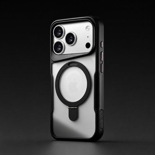 Black-framed translucent phone case on a dark background, with a raised camera rim and a circular hinged ring with a lower tab.