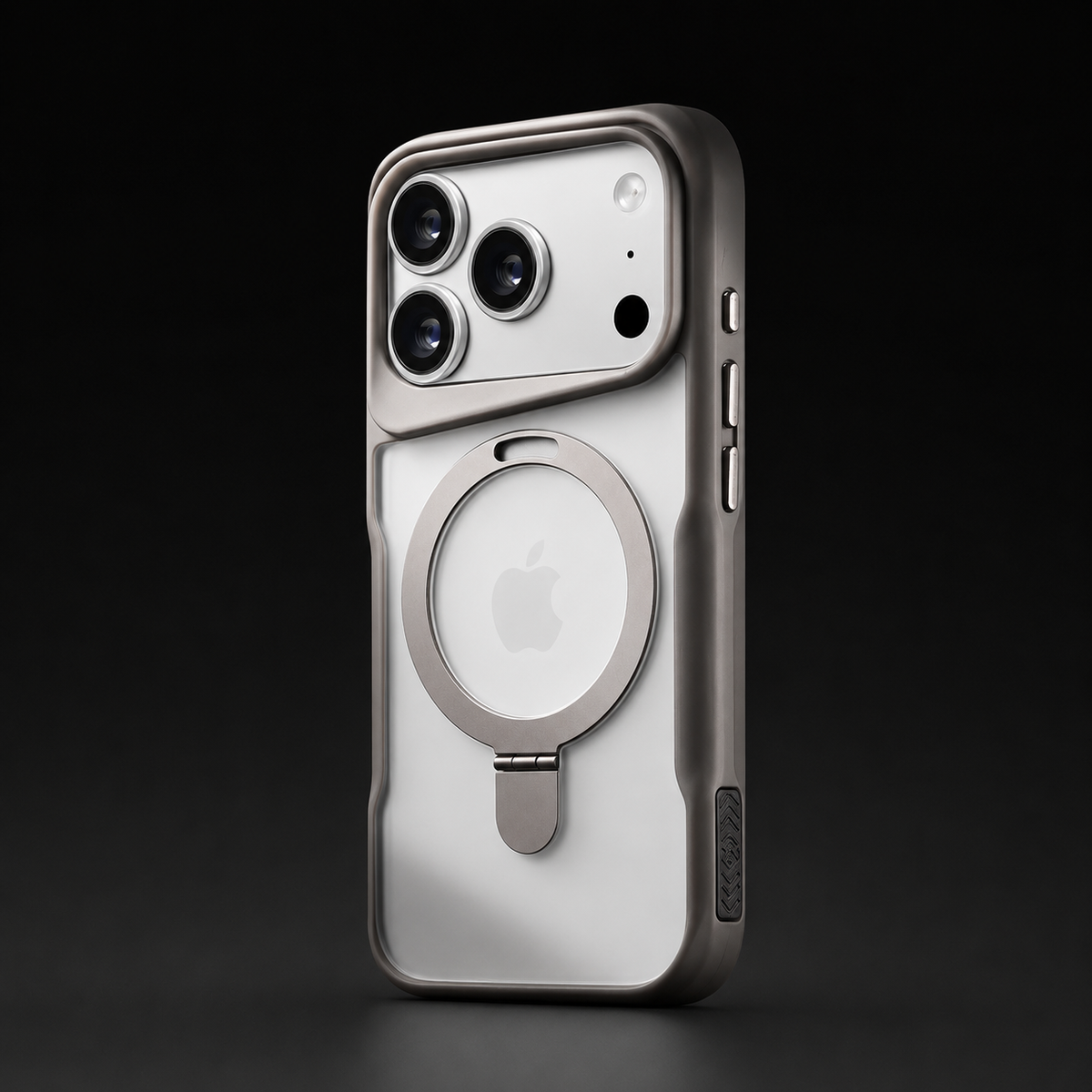 Gray metallic-looking phone case with a translucent back, matching raised camera rim and hinged circular ring with a lower tab.