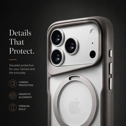 Close-up of a gray case's raised camera border, side buttons and circular back ring. Icons advertise camera protection and magnetic alignment.