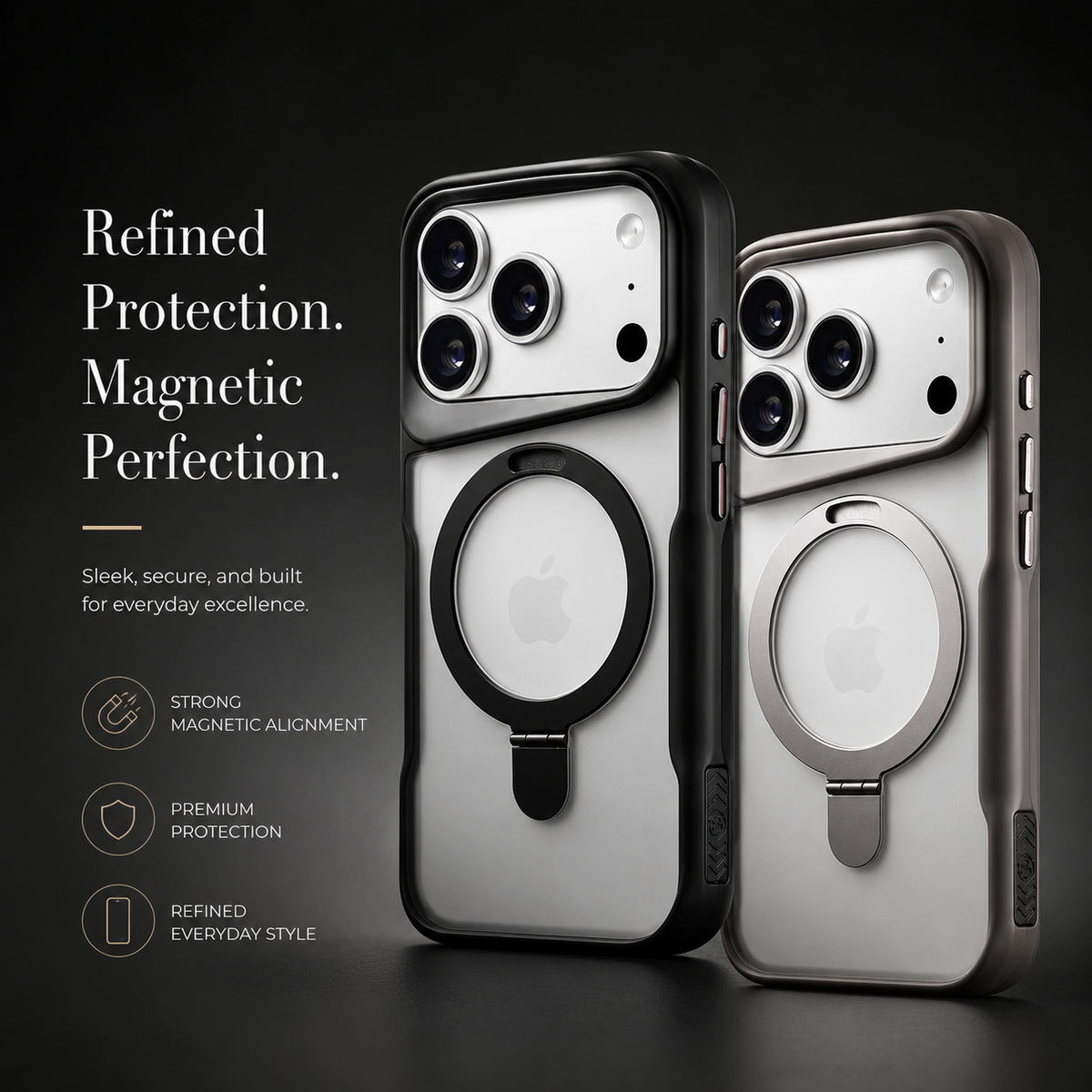 Black and gray translucent cases standing together, each with a hinged circular back ring and a raised camera rim. Text advertises magnetic alignment.