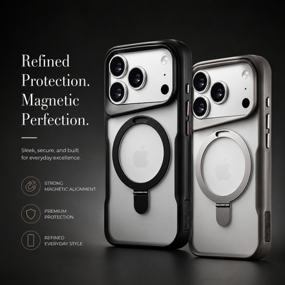 Black and gray translucent cases standing together, each with a hinged circular back ring and a raised camera rim. Text advertises magnetic alignment.