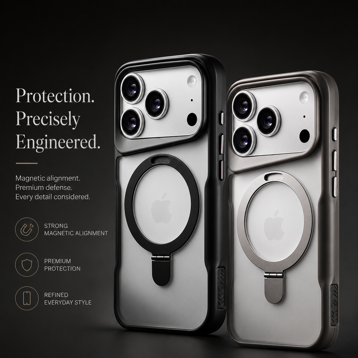 Black and gray cases with translucent backs and circular hinged rings displayed side by side. Text highlights protection and magnetic alignment.