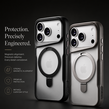 Black and gray cases with translucent backs and circular hinged rings displayed side by side. Text highlights protection and magnetic alignment.