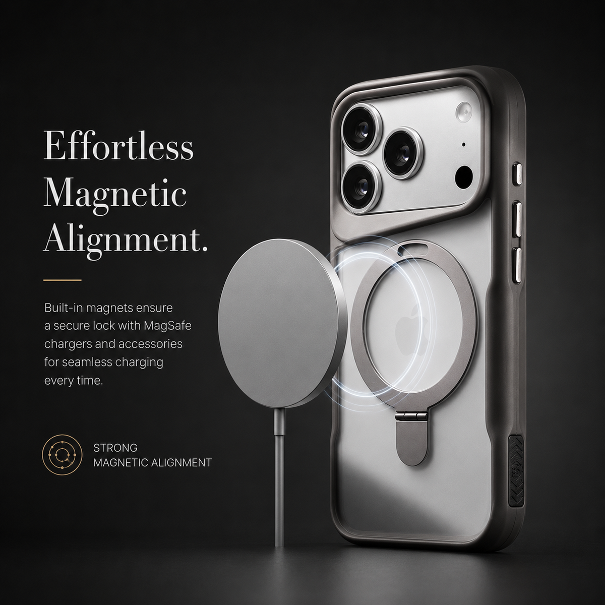 Gray case beside a round wired charging puck, with glowing circles illustrating alignment at the back ring. Text advertises MagSafe accessory compatibility.
