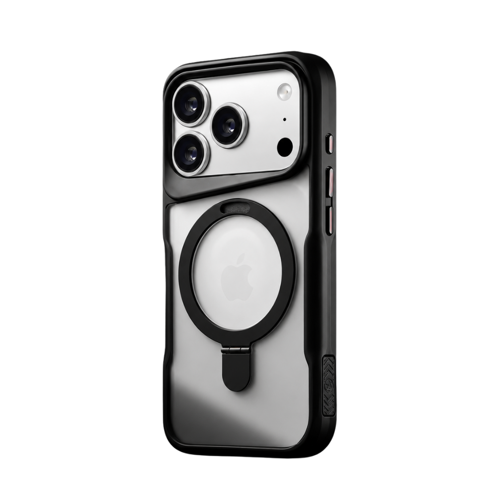 Black-bordered translucent phone case standing at an angle, with a raised camera rim and a hinged circular ring and short pull tab on the back.