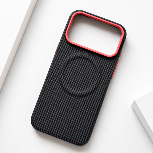 An empty black textured case lies diagonally on a pale surface, with a raised magnetic circle and red camera-opening border.