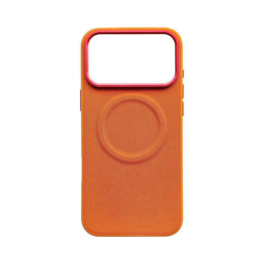 An empty orange finely textured case stands rear-facing on white, with a raised circular magnetic marking and red border around the broad camera opening.
