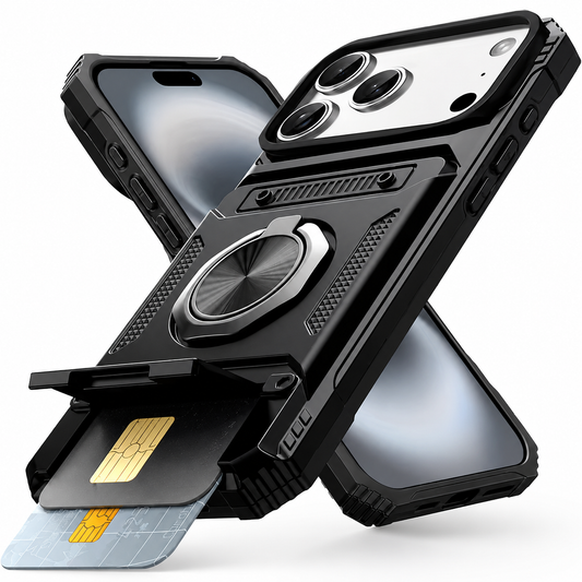 Black rugged case angled in front of a phone, with a circular folding ring and two cards protruding from its open lower card compartment.